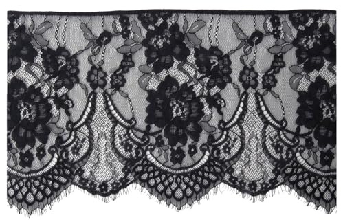 AJKQNMA Florales Spitzenband 3m x 25cm, Bestickte Spitzenborte aus Polyester in Schwarz, Spitzeneinfassung zum Nähen von Kleidung, Hochzeitskleid, DIY & Heimdekoration