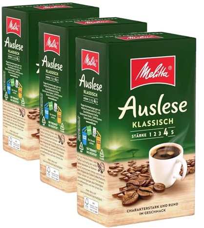 Melitta Auslese Café Filtre 500 g, Moulu, en Poudre pour Machines à Café Filtre, Torréfaction Forte, Torréfié en Allemagne (Lot de 3)