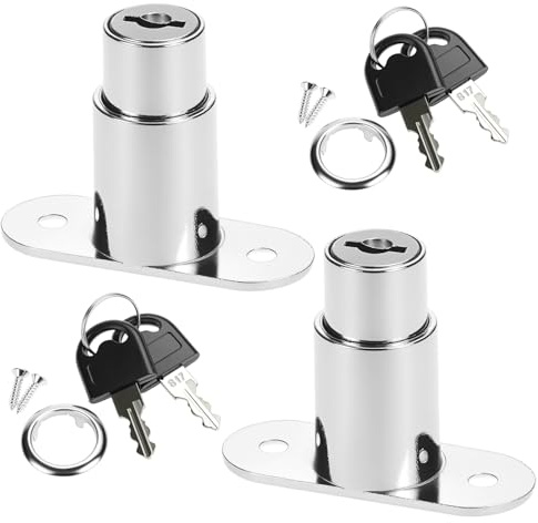 QWORK® Lot de 2 serrures à cylindre poussoir pour porte coulissante, 22 mm, avec clé, cylindre Ø 19 mm, pour classeurs, tiroirs, argent