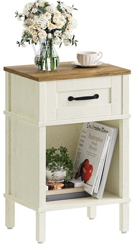 YAUKTAK Mesita de Noche de Madera Mesita Auxiliares con Cajones Compartimento Abierto Moderna Minimalista Bedside Table Dormitorio Sala de Estar Blanco Crema y Nogal LET512WR