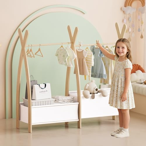 KEEPREAPER Kinder Kleiderständer Holz, Garderobenständer mit Aufbewahrungskiste und Kleiderstange, Kindergarderobe für Kinderzimmer, Mädchen (104 x 39,5 x 95cm)