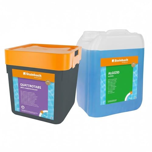 Steinbach Poolpflege Set | 5 kg Quattrotabs 200 g langsamlöslich & 5 l Algezid flüssig | 4-in-1 Multifunktion & Algenverhütung | mit Flockungsmittel pH-Stabilisator | für klares Poolwasser