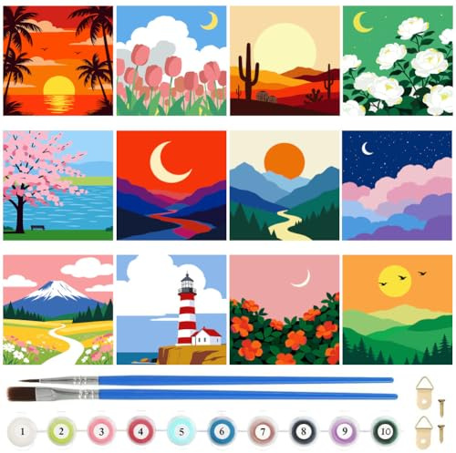 twinklemon Lot de 12 peintures par numéros sur toile pour adultes avec cadre, kits de peinture par numéros sur toile comprenant 10 couleurs de pigments et des pinceaux pour débutants, 20 x 20 cm