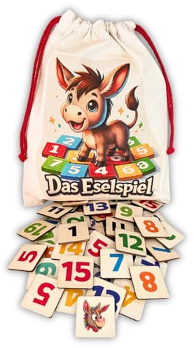 Mutou Das Eselspiel 2.0 ECKIG – Volle Zahlen – 121 Teile aus Holz mit Stoffbeutel – Handgefertigtes Familienspiel - Lernspiel - Geschenk - Partyspiel - Gesselschaftsspiel - Reisespiel