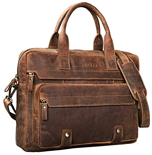 STILORD 'Leander' Grand Sac d'affaires en Cuir Besace pour Ordinateur Portable Sacoche à l'Épaule Serviette Bandoulière Unisexe Vintage, Couleur:Marron Moyen