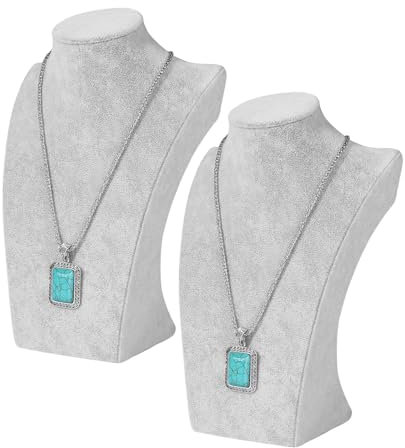 Flexzion Necklace Bust Display Stand (2 Pack) - 10 Inch 3D Mannequin Gray Velvet Necklace Display Holder for Home, Boutique & Trade Shows - Jewelry Display for Selling Necklace, Pendants, Lockets