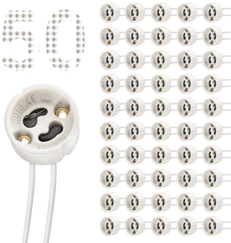 DiCUNO GU10 Base douille de lampe, 600℃ Résistant à la chaleur, Max 250V 300W, Douille en céramique et 15cm connecteur de fil de silicone, 50-Pack