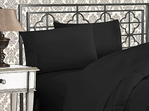 Elegant Comfort Luxuriöses 1500 Premium-Bettwäsche-Set aus Mikrofaser in Hotelqualität, dreireihig, Bestickt, weichste 4-teilges Bettlaken-Set, Knitter- und lichtbeständig, Full, Schwarz