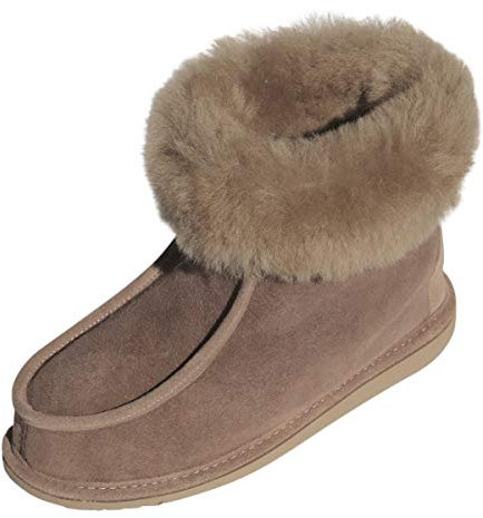 Hollert Damen & Herren Lammfell Hausschuhe Adam Fellschuhe aus Merino Schaffell Echtleder sehr warm und atmungsaktiv Schuhgröße 43, Farbe Beige