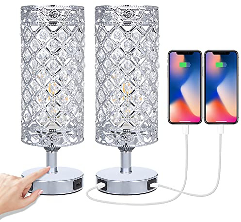 Tomshine Touch Crystal Bedside Table Lamps Set of 2 with USB Charging Port 3-Way Dimmable Modern Silver Table Lamp E27 Base for Bedroom (12W Bulb Included)