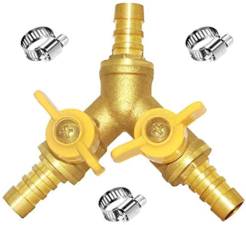 Joywayus Schlauchstutzen Kugelhahn 1,9 cm ID-Schlauchstutzen Y-Form 3-Wege mit 2 Schaltern Messing Absperrkugelventil Armatur inklusive 3 Klemmen