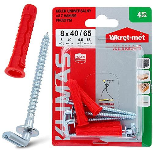 KLIMAS® Universal-Dübel Ø 8 x 40 mm Rot & Gerade Schraubhaken mit Schlitz Ø 4,5 x 65 mm 4 Stück | Edelstahlschrauben Galvanisch Verzinkt Dübel Schrauben Set Befestigung in Beton Ziegeln Gipsbauplatten