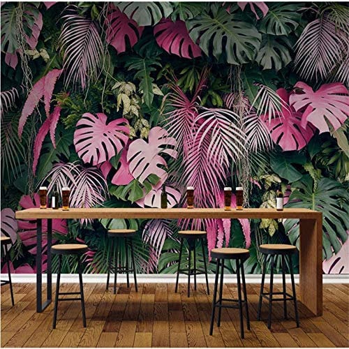Yimesoy Custom Pink Green Tropical Rainforest Plant Leaves 3D Photo Wallpapers for Living Room Bedroom Restaurant Cafe Decor Wall Paper 3D 350Cm(W)×245Cm(H)