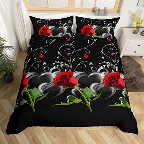 Rose Bedding Set 3D Design Floral Printed Duvet Cover for Girls Women Love Heart Comforter Cover Super King Size with 2 Pillowcases Red Rose Black White Romantic Theme Bedspread