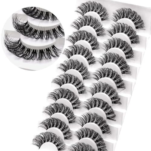 Veleasha Falsche Wimpern, russische Streifen-Wimpern mit transparentem Band, sieht aus wie Wimpernverlängerung, D-Curl-Wimpernstreifen, 10 Paar Packung (DT01)