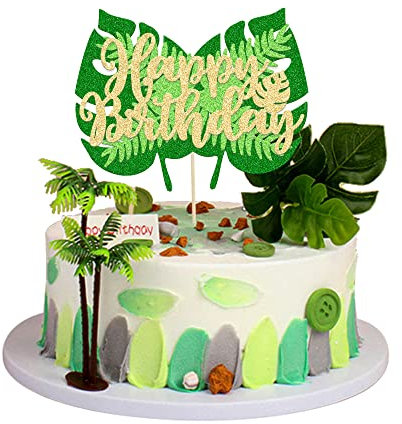 Gyufise 1Pcs Happy Birthday Tropical Leaves Cake Topper Green Glitter Jungle Palm Leaf Cake Decoration for Jungle Theme Kids Birthday Baby Shower Party Cake Decorations Supplies