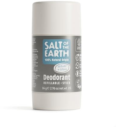 Salt of the Earth - Natural Deodorant Stick - 100% Natural Origin Ingredients, Aluminium Free, Vegan, Long Lasting Protection, Refillable, Made in The UK 84g (Vetiver & Citrus)