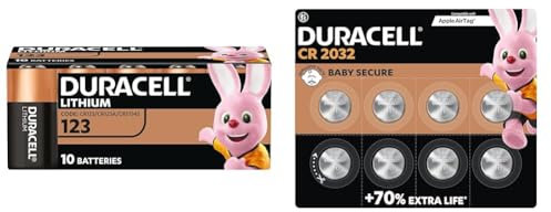 DURACELL CR123 (10 Pack) high power lithium battery 3V(CR123A /CR17345)–For use in Cameras & 2032 Lithium Coin Batteries 3V (8 Pack) - Up to 70% Extra Life - Baby Secure Technology