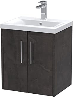 Hudson Reed JNU2621A Juno Modern Bathroom Wall Hung 2 Door Vanity Basin Unit & Mid-Edge Ceramic Basin, 500mm, Matt Metallic Slate