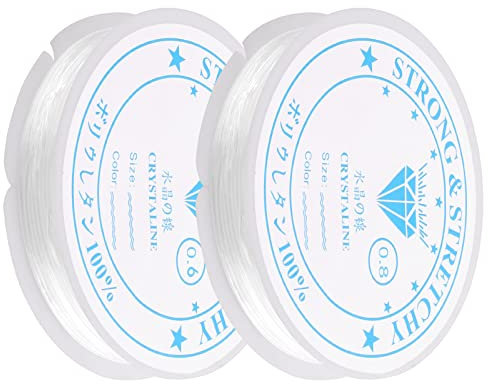 Svalor 2X Spule 0.6mm/0.8mm Elastisch Schmuckfaden Gummifaden, Transparent Faden Reißfest Angelschnur mit Perlennadel und Schere Für Perlenschmuck Armbänder(19m, Größen)