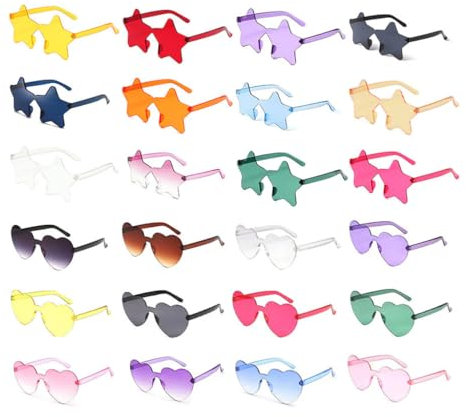 Kellegour 24 Paires de Lunettes en Forme de Cœur/Étoile Hippie Rétro,Lunettes de Soleil en Forme D'étoile,Lunettes Couleur Bonbon Transparent,Lunettes de Fête pour,D'anniversaire Cosplay de Fête