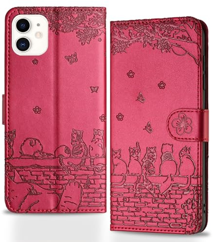 Butnyeoe Handyhülle für iPhone 12/iPhone 12 Pro,Zaunkatzen Klappbar Hülle,Geprägtes PU Leder Wallet Schutzhülle Tasche Flip Case,Magnetische Klapphülle mit Kartenfach Standfunktion,Mauve/Rot