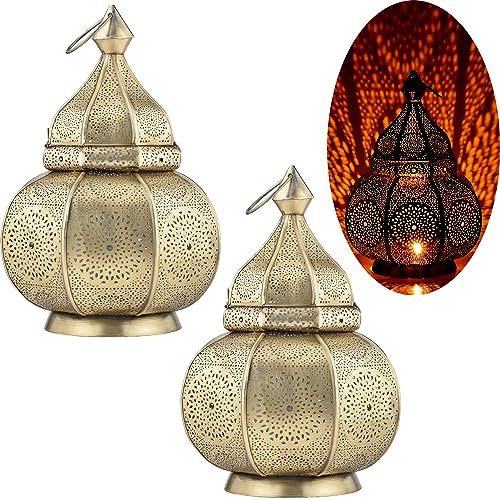 2er Set Marrakesch Lampe und Laterne in einem aus Metall 30 cm groß | Tischlampe Windlicht Lamisa Gold als Orientalische Dekoration