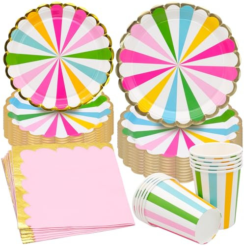 inheming 40 Pieces Kit Vaisselle Jetable Pastel Anniversaire,Rainbow,Vaisselle de Fête Arc en Ciel avec Assiettes en Papier, Tasses, Serviettes,pour 10 Personnes