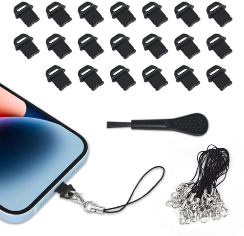 20 Pcs iPhone Port Charger Cover, Lightning Dust Plugs for iPhone 14 Pro Max/13/12/11/XS/XR/8/7/iPad/AirPods Pro, Charging Port Protectors with Cleaning Brush Lanyards, Easy-Grip Tab