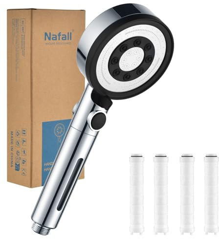 Nafall Soffione Doccia - Soffione Doccia Anticalcare Alta Pressione con 4 Pp Filtri, Doccetta a Risparmio Idrico con 5 Modalità di Getto e Funzione di Arresto, Cromo (senza Tubo e Staffa)