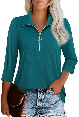 Cuptacc Bluse Damen 3/4 Länge Ärmel Elegant V-Ausschnitt Oberteil Langarm Shirt Mit Half Zip Kragen Sommer Herbst Grün XL 46-48