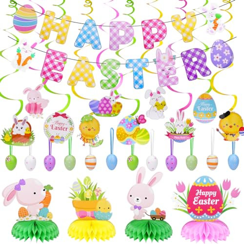 SelfTek Oster-Party-Dekoration, Happy Easter Banner, 10 Stück Oster-Hängeeier, 12 Stück Ostereier zum Aufhängen, 4 Stück Oster-Waben-Mittelstücke, Party-Dekoration