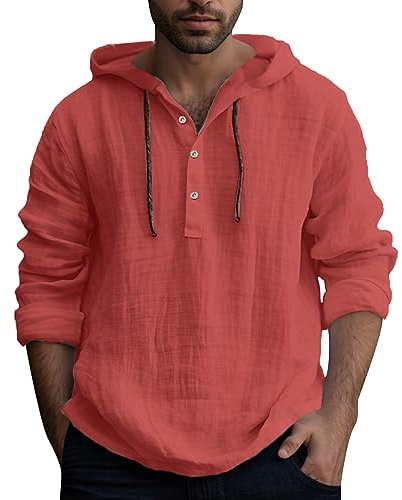 Chemises en Lin Solid Homme Élégant Slim Fit Casual Col en V Manche Longue Leger en Coton Lin Été Chemise Grande Taille Chemise Tops De Plage Chemise Homme Chic