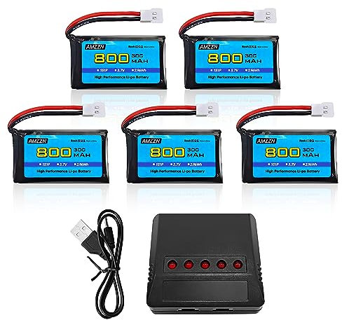 AMZZN 5PCS 3.7V 800mAh 30C Molex Plug Lipo Battery with 5-in-1 Charger for SYMA X5C X5SW H5C V931 U45W SS40 RC Drone Compatible with Most Four Axis Aircraft Batteries