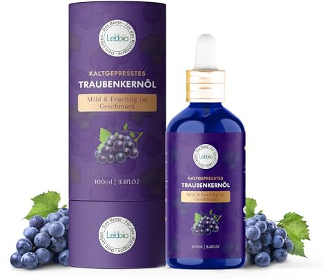 Lebbio Traubenkernöl 100ml [100% NATÜRLICH] Kaltgepresst - Grapeseed Oil - Natürliche Feuchtigkeitspflege - Für Haare, Haut, Massage, Gesicht, Bart & Aromatherapie - Omega 3