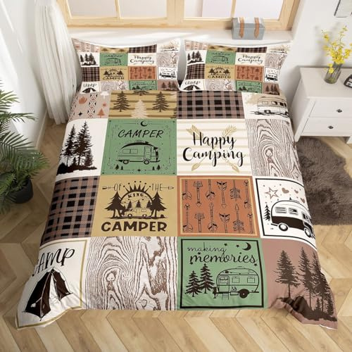 Homewish Happy Camping Bettbezug Rustic Cabin Camper 135x200 Bettwäschesets Rv Car Accessories for Travel Trailers,Buffalo Plaid Arrow Pine Trees Bettbezug Travel Adventure Bettbezug