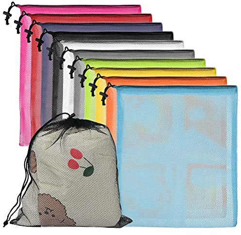 ZOGPLG 10PCS Drawstring Mesh Bags with 10 Colors Drawstring PE Bag Net Bags Mesh Stuff Sack Nylon Storage Bag Drawstring Bags for Sport Swimming Beach Travel Gym Camping and Training 39.5 x 34cm