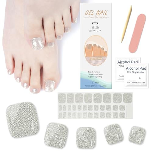 Ceboic 32 Stück Fußnägel Nagelfolie, Selbstklebend Fußnagel Sticker Nail Wraps Zehennagelaufkleber, Nagelfolie UV Härtend Pediküre Wraps für Damen Mädchen Fußnagel Nagelkunst (Silber Glitzer)