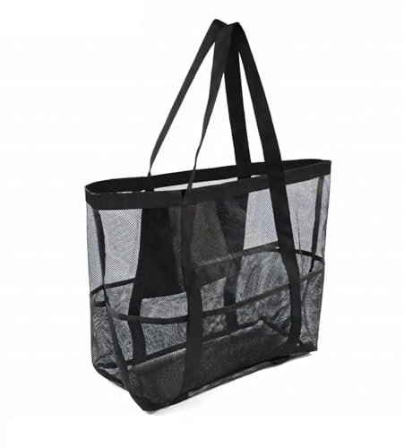 Strandtaschen für Damen, große Strandtasche, Netz-Strandtasche mit Tasche, Urlaubsutensilien, Familien-Strandtaschen, wiederverwendbare Einkaufstasche für Reisen, Pool, Fitnessstudio (schwarz)