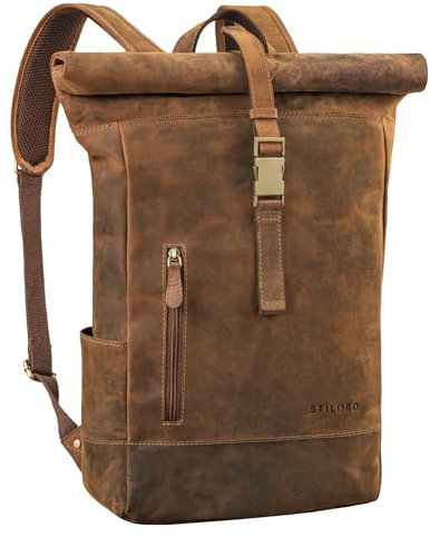 STILORD 'Harriet' Vintage Rolltop Rucksack Leder mit Laptop-Fach 15,6-17 Zoll Fahrradrucksack Kurierrucksack für Damen und Herren aus weichem Leder, Farbe:calais - braun