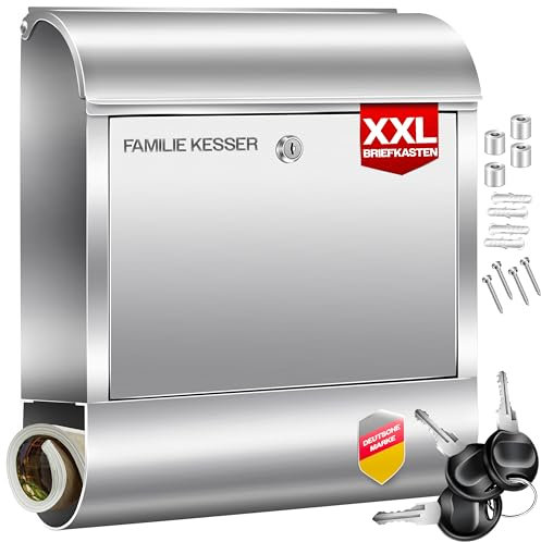 KESSER® Buzón XXL de Acero Inoxidable con Compartimento para el periódico, Cepillado, 3 cerraduras con Llaves, Recubrimiento de Polvo, montado en la Pared, Gran inserción Frontal, Plata