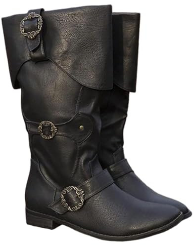 JIAYUTOO Rinascimento PU Pelle Performance Boots Vichingo Retrò Fibbia Laterale Stivali Cavaliere Cosplay Scarpe Medievali per Carnevale Halloween (Black,35)