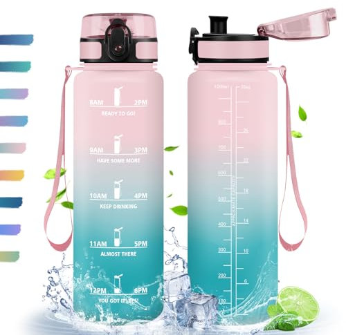 HoneyHolly Gourde, 1L, Gourde Sport, Gourde Filtre et Marqueur de Temps, Sans BPA, Bouteille d'eau pour Sport, Fitness, Yoga, L'école, Bureau