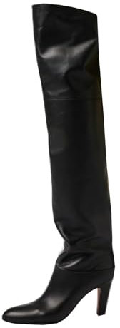 MANYUBEI Stivali sopra Il Ginocchio da Donna, Stivali Alti alla Coscia in Vera Pelle Stivali Lunghi Comodi con Tacco Spesso Tubo Largo, 8 Cm/3,14 Pollici, 41 EU,Black