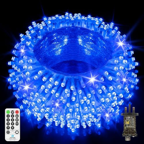 JXLEDAYY 200 FT 500 LED Fairy Lights Plug in Outdoor Christmas Lights String Lights Waterproof with Remote Timer 8 Modes for Outside Garden House Party Holiday Wedding Xmas Tree Decorations-Blue