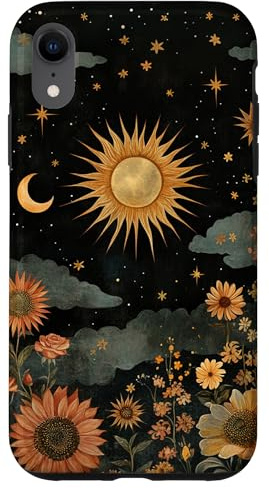 Vintage Boho Celestial Floral Sun Moon Stars Painting Art Case for iPhone XR