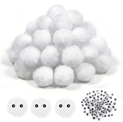 TOAOB 50 Stück 2 cm Weiß Pompons zum Basteln Groß Pom Poms | mit Selbstklebend Wackelaugen, Bälle Kunst Bommel für Dekorieren, Verzieren Nähen DIY Lustige Kreativen Handwerk