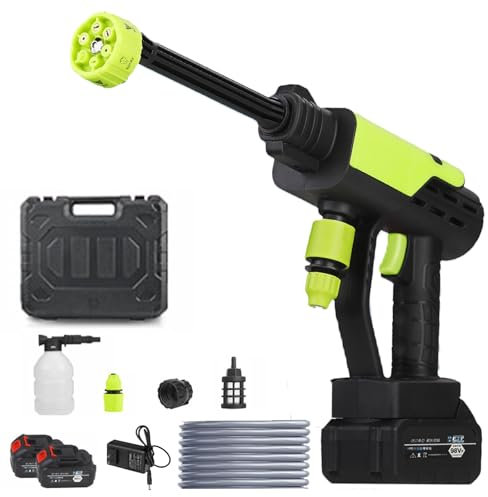 Limpiador de alta presión con batería, 300 W, con boquilla multifunción 6 en 1, limpiador de alta presión con 2 baterías recargables, limpiador de alta presión para lavado de coches, ventanas, césped
