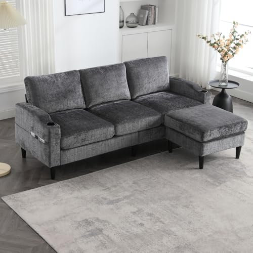 Zubaliya Canapé élégant 4 Places avec Repose-Pieds et Espace de Rangement, accoudoirs Confortables, Porte-gobelets, Poches latérales et Pieds en Plastique Robustes, Tissu Velours (Gris)