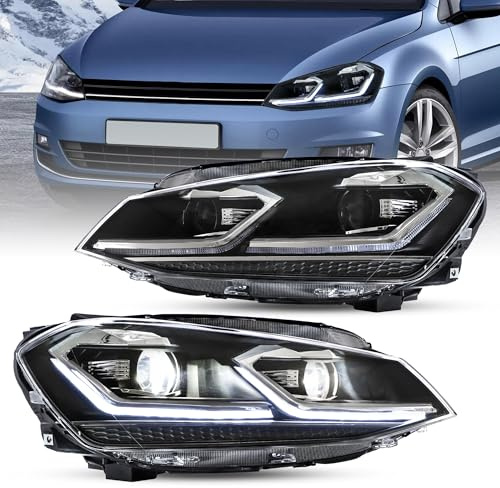 VLAND Phares avant pour GOLF 7 VII MK7 2012-2017 [pas pour GTI/GTD/R/Golf 7.5], avec indicateur séquentiel, convient uniquement pour la version halogène (Bande argentée)